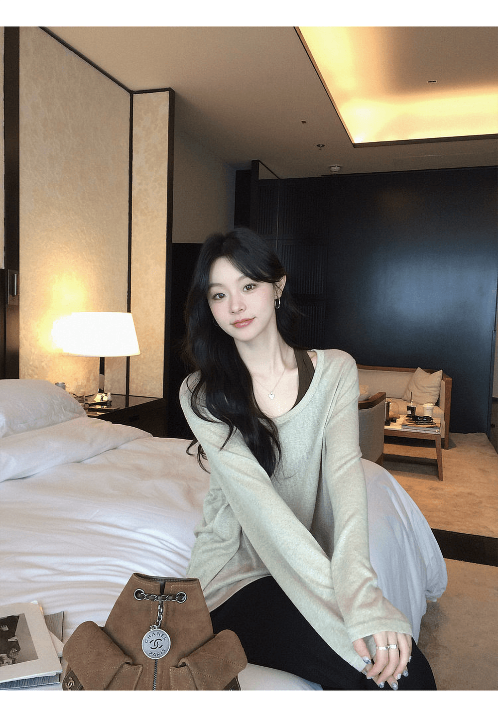 장 베이 베이 ibell 라이 경기 서울 주간 실크 양모 레트로 느슨함 센스 얇고 가벼운 통기성 스택 착용 배색 투피스 세트 상세 이미지 6