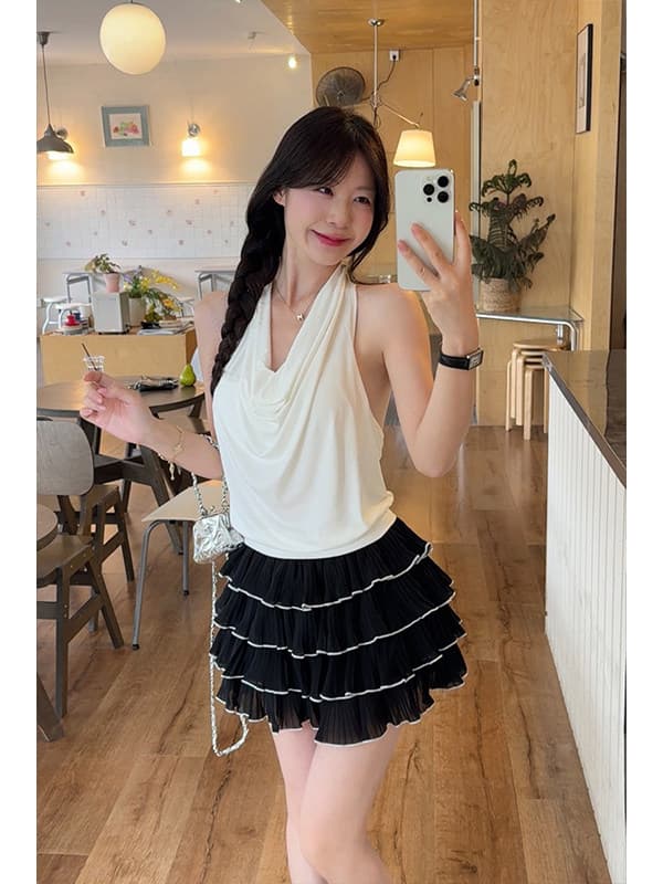 jingli studio 프랑스식 품격 검정색 오프숄더 티셔츠 여성 여름 하이웨이스트 슬림해 보이는 케이크 반신 스커트 이미지 3