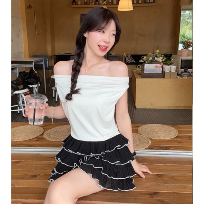 jingli studio 프랑스식 품격 검정색 오프숄더 티셔츠 여성 여름 하이웨이스트 슬림해 보이는 케이크 반신 스커트 이미지 6