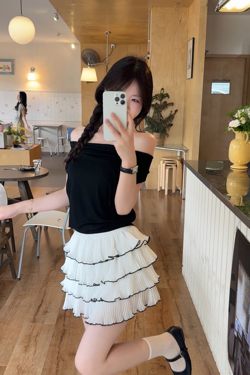 jingli studio 프랑스식 품격 검정색 오프숄더 티셔츠 여성 여름 하이웨이스트 슬림해 보이는 케이크 반신 스커트 상세 이미지 3