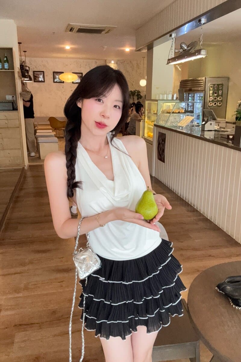 jingli studio 프랑스식 품격 검정색 오프숄더 티셔츠 여성 여름 하이웨이스트 슬림해 보이는 케이크 반신 스커트 상세 이미지 11