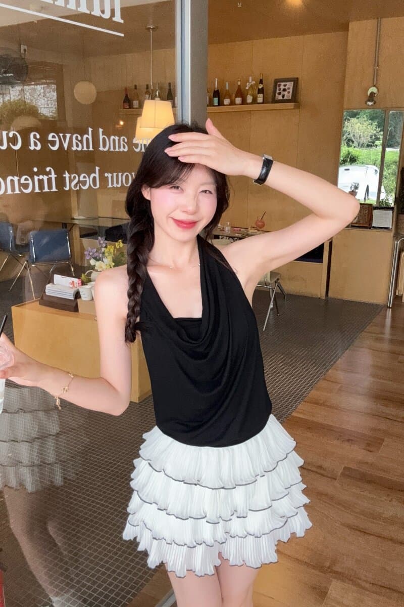 jingli studio 프랑스식 품격 검정색 오프숄더 티셔츠 여성 여름 하이웨이스트 슬림해 보이는 케이크 반신 스커트 상세 이미지 16