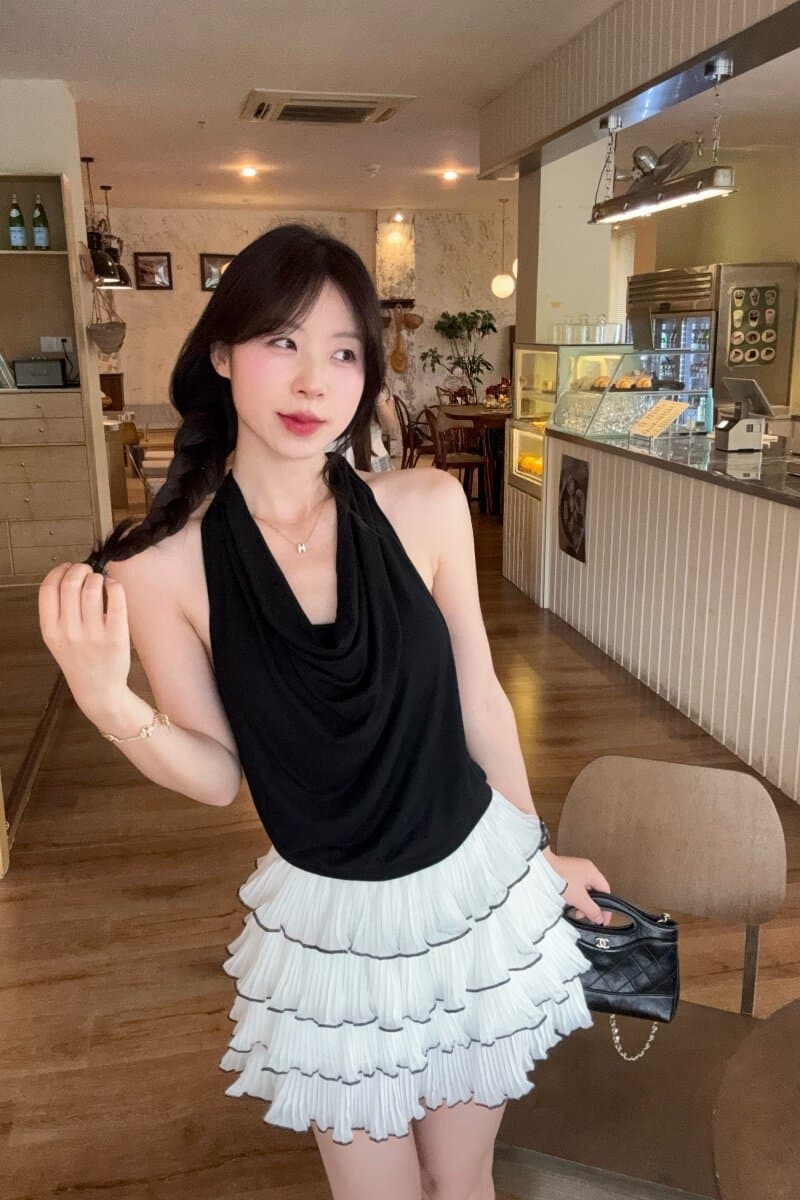 jingli studio 프랑스식 품격 검정색 오프숄더 티셔츠 여성 여름 하이웨이스트 슬림해 보이는 케이크 반신 스커트 상세 이미지 26