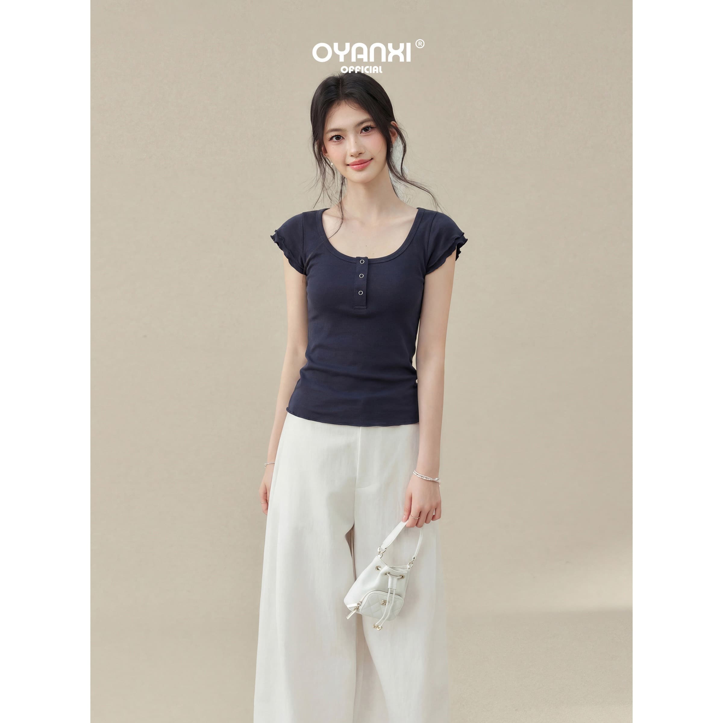Ouyang 안녕하세요. 재미있는 도트 무늬 회색 u 칼라 작은 날다 소매 반팔 티셔츠 여성 여름 허리 수축 몸매 가꾸기 쇼트 스타일 맨위 이미지 5