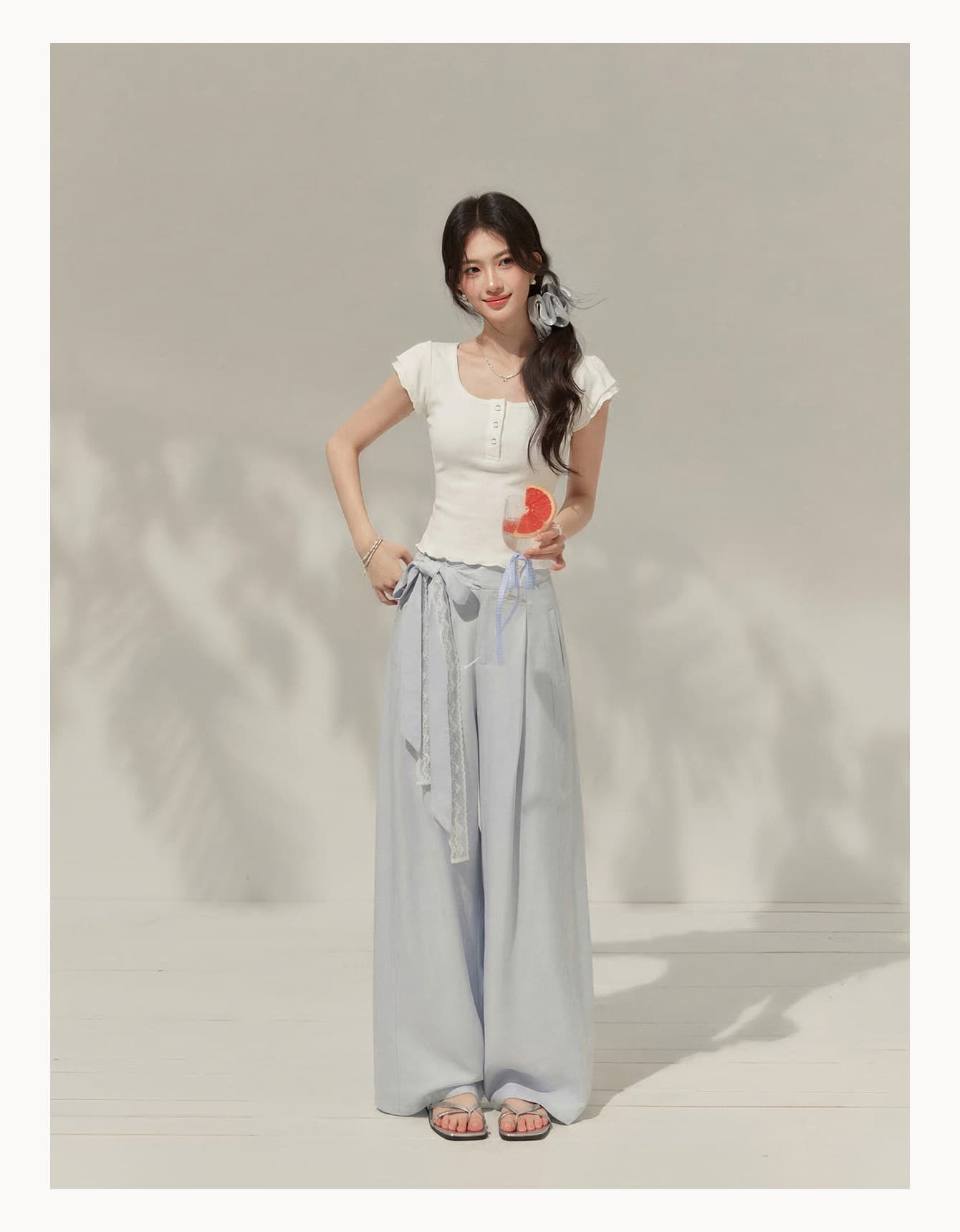 Ouyang 안녕하세요. 재미있는 도트 무늬 회색 u 칼라 작은 날다 소매 반팔 티셔츠 여성 여름 허리 수축 몸매 가꾸기 쇼트 스타일 맨위 상세 이미지 9