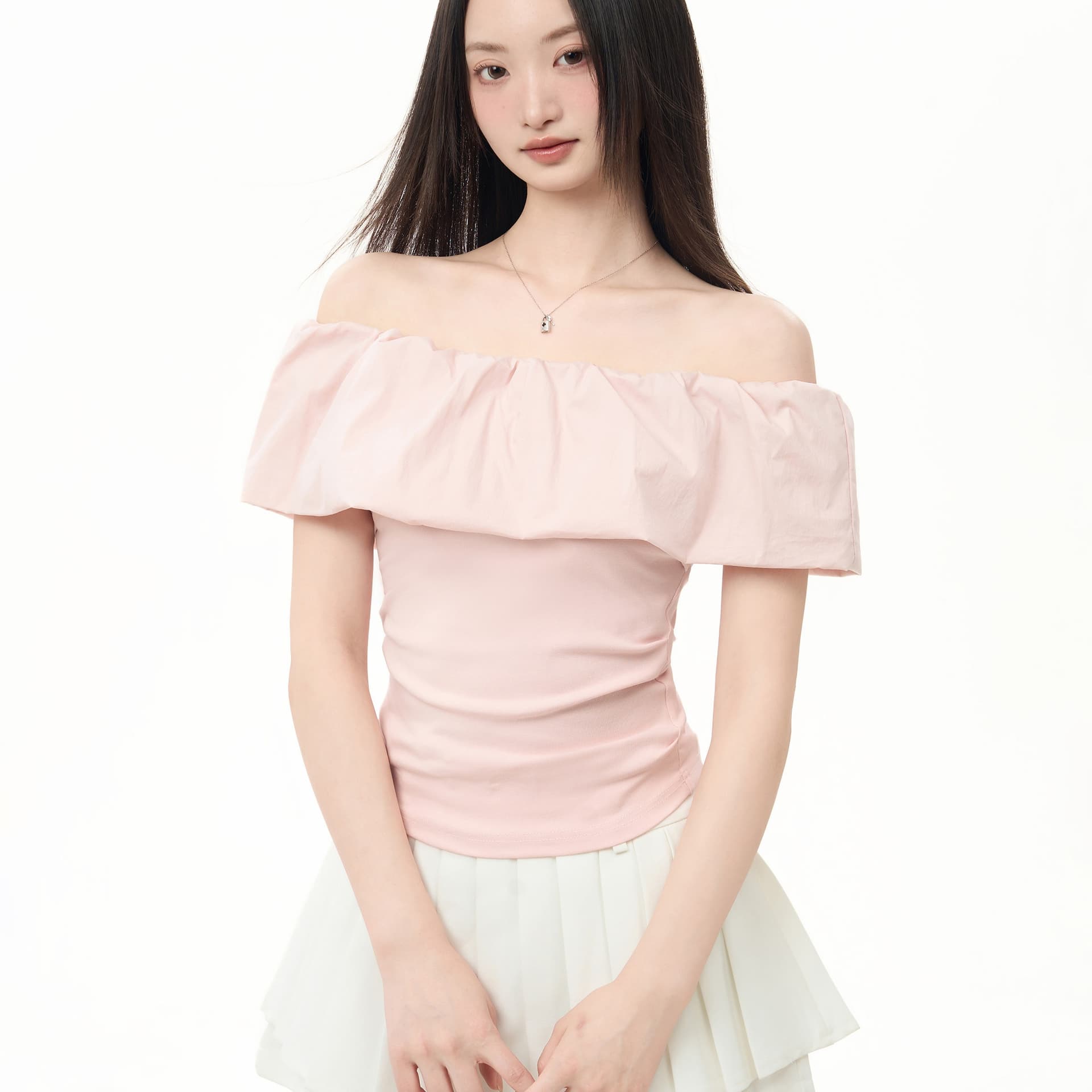 iiiamx 핑크색 프릴 오프숄더 오프숄더 반팔 티셔츠 여성 여름 2026 새로운 몸매 가꾸기 프랑스식 맨위 이미지 5