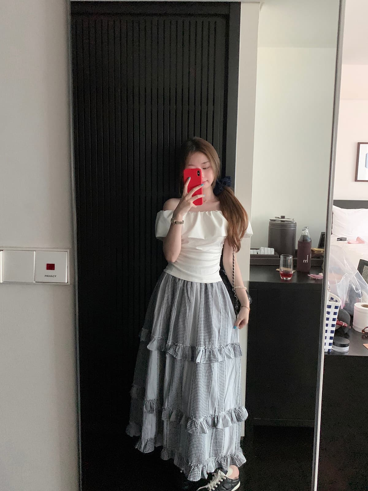 anneshop 발레 소녀 여름 다용도 오프숄더 몸매 가꾸기 슬림해 보이는 오프숄더 핑크색 주름 맨위 여성 이미지 3