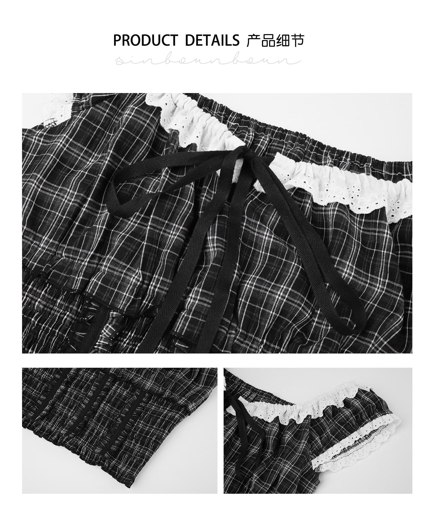 달콤한 도움말 직접 만든 순수한 욕망 체크무늬 배색 레이스 레이스 칼라 레이스업 오프숄더 주름 허리 수축 쇼트 스타일 셔츠 상세 이미지 2