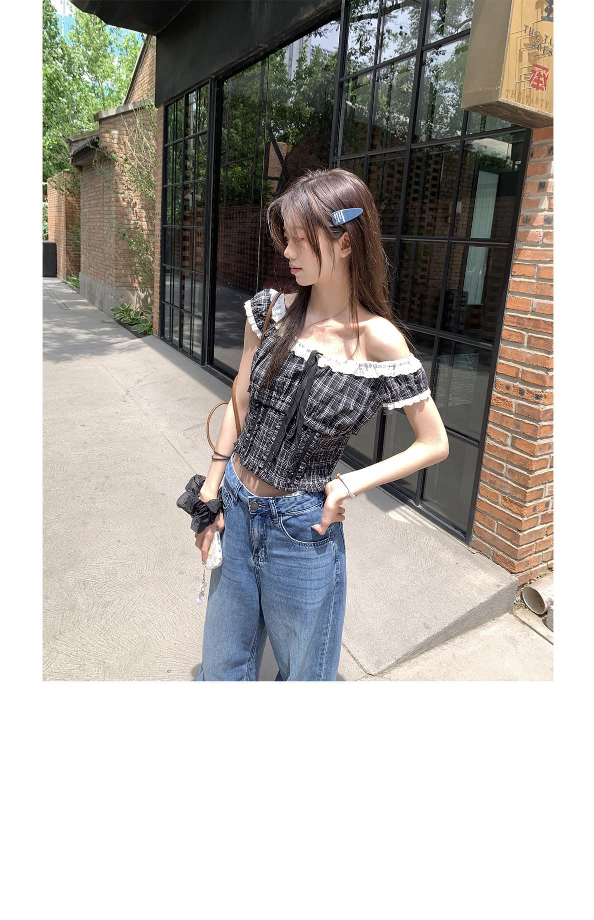 달콤한 도움말 직접 만든 순수한 욕망 체크무늬 배색 레이스 레이스 칼라 레이스업 오프숄더 주름 허리 수축 쇼트 스타일 셔츠 상세 이미지 8