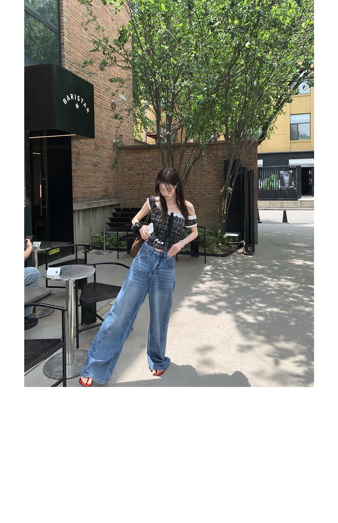 달콤한 도움말 직접 만든 순수한 욕망 체크무늬 배색 레이스 레이스 칼라 레이스업 오프숄더 주름 허리 수축 쇼트 스타일 셔츠 상세 이미지 9