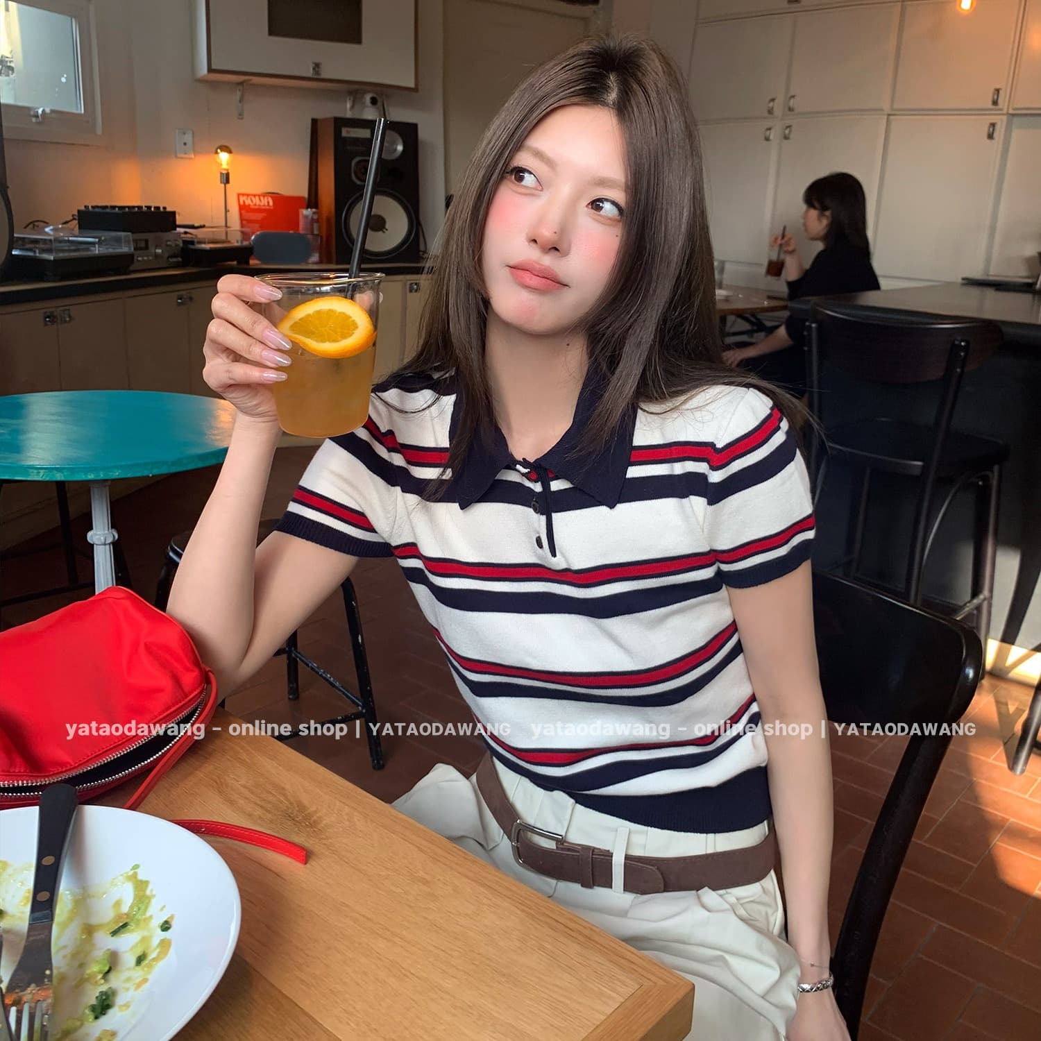 치아 세트 대 왕 miu 부서 polo 니트 스트라이프 반팔 티셔츠 풀오버 프로 피부 긍정적 인 어깨 폴로 칼라 쇼트 스타일 맨위 이미지 6