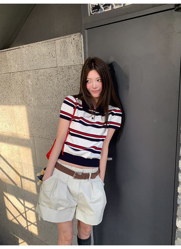 치아 세트 대 왕 miu 부서 polo 니트 스트라이프 반팔 티셔츠 풀오버 프로 피부 긍정적 인 어깨 폴로 칼라 쇼트 스타일 맨위 상세 이미지 30