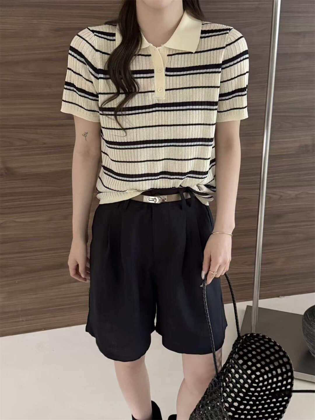 한국 스타일 배색 스트라이프 POLO 칼라 반팔 니트 스웨터 여성 206 여름 섹션 루즈핏 슬림해 보이는 다용도 맨위 상세 이미지 2