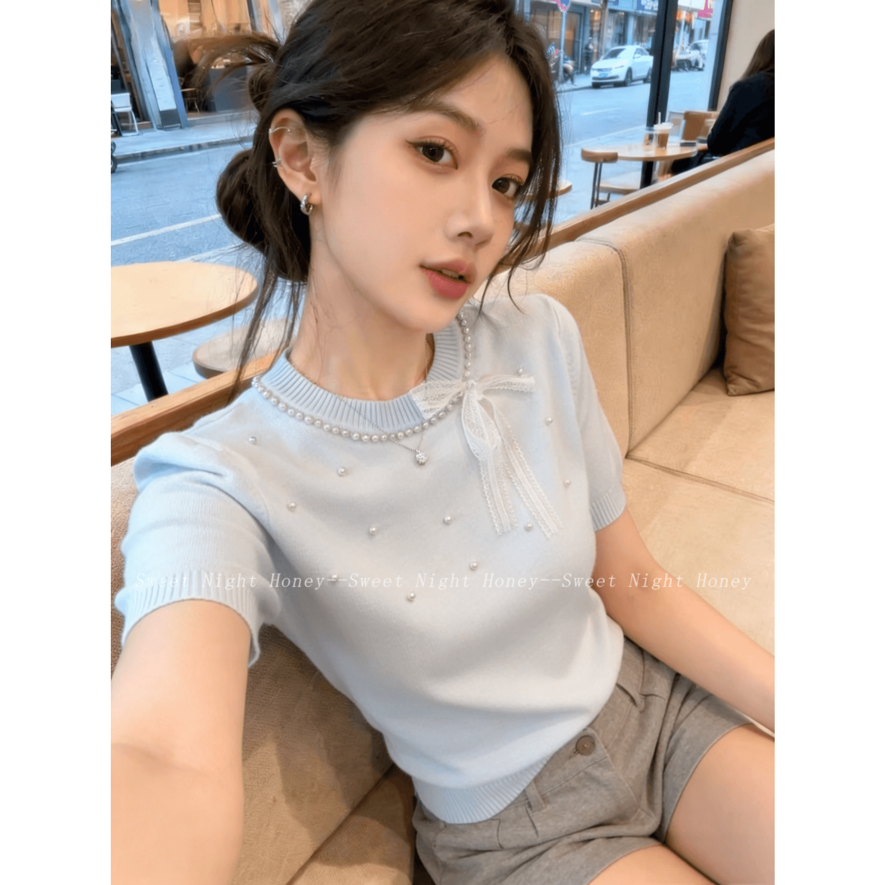 작은 샤넬 스타일 진주 나비 매듭 반팔 니트 스웨터 여성 여름 새로운 품격 연령 감소 패션 다용도 티셔츠 맨위 상세 이미지 7