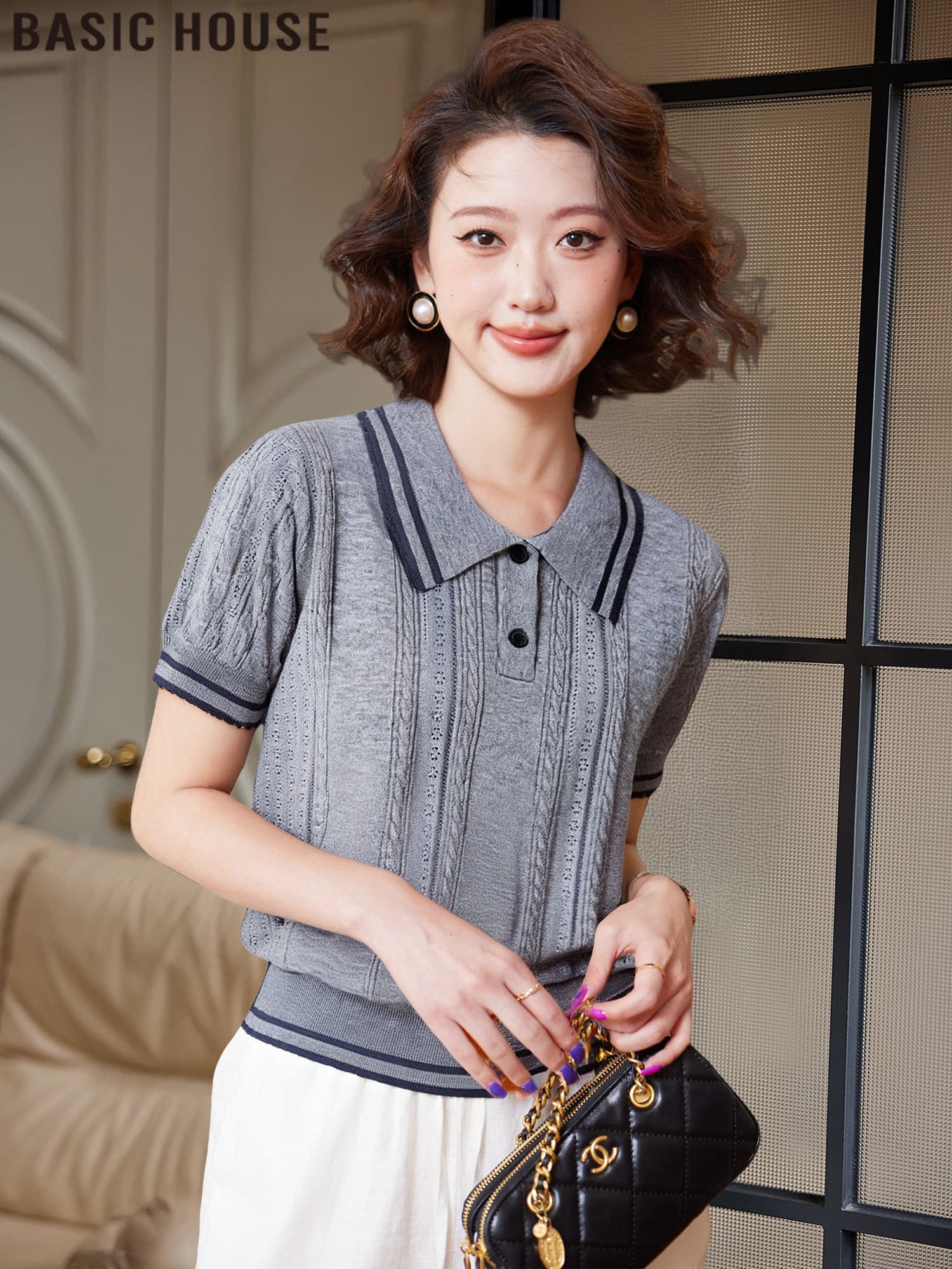 바이 지아 좋은 프랑스식 POLO 칼라 긍정적 인 어깨 니트 반팔 티셔츠 Chic 맨위 여성 2026 여름 이미지 4