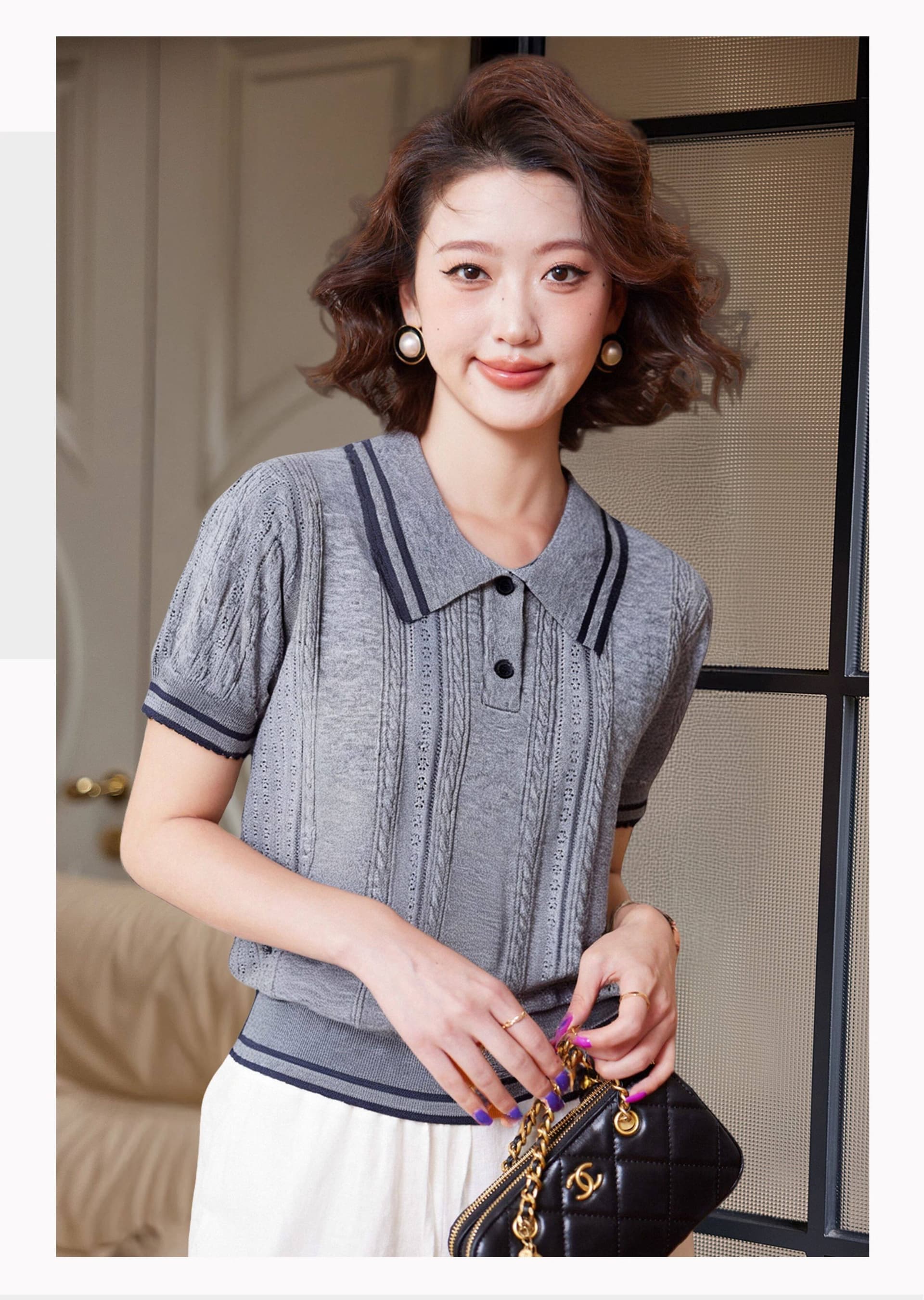 바이 지아 좋은 프랑스식 POLO 칼라 긍정적 인 어깨 니트 반팔 티셔츠 Chic 맨위 여성 2026 여름 상세 이미지 9