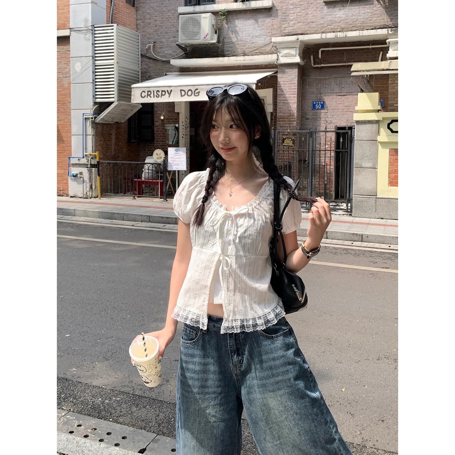 페페 홈 달콤한 스타일 레이스 측면 스트랩 반팔 여성 셔츠 여름 새로운 외국 가스 작은 셔츠 슬림해 보이는 Chic 맨위 이미지 6