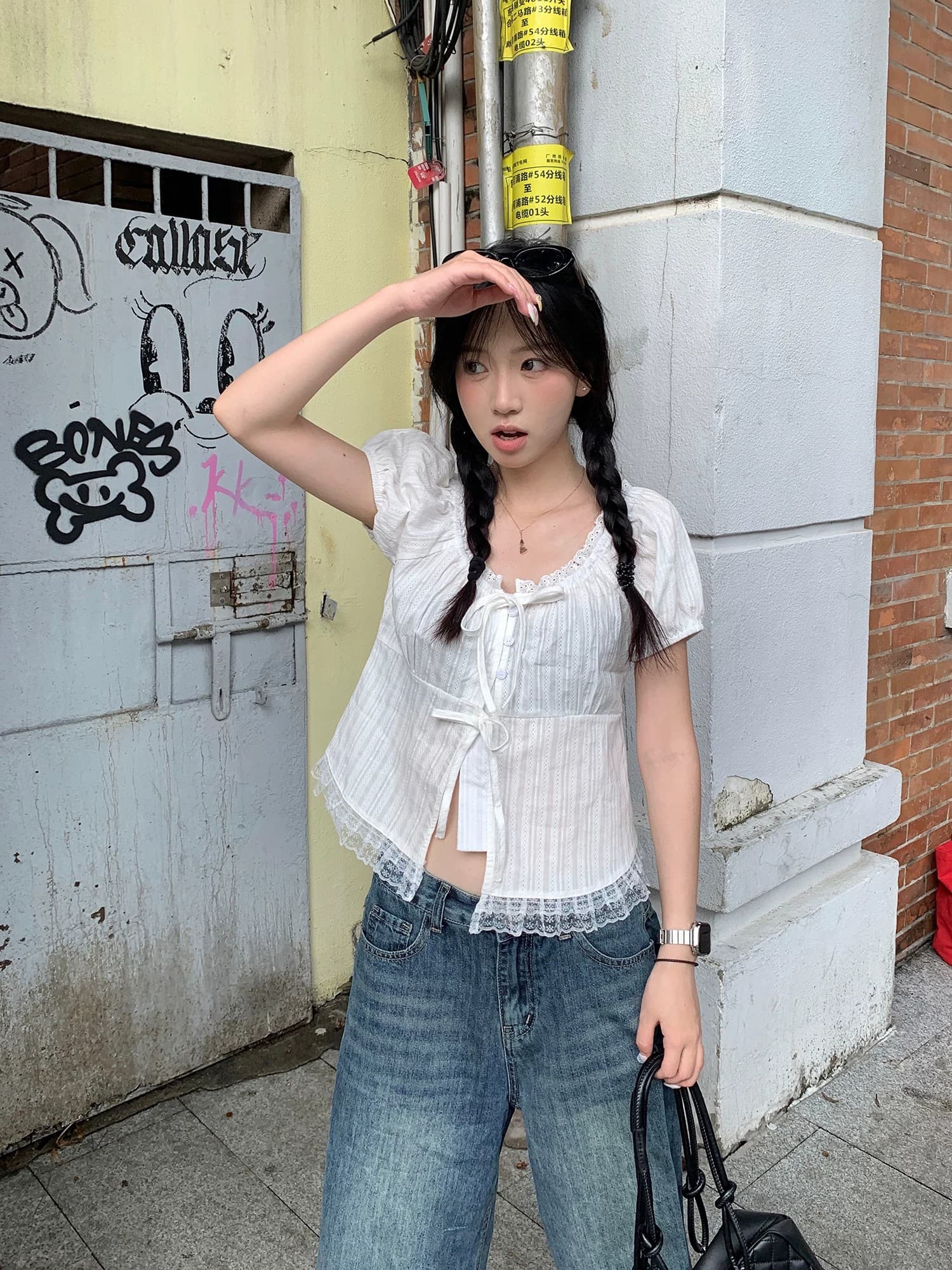 페페 홈 달콤한 스타일 레이스 측면 스트랩 반팔 여성 셔츠 여름 새로운 외국 가스 작은 셔츠 슬림해 보이는 Chic 맨위 상세 이미지 8