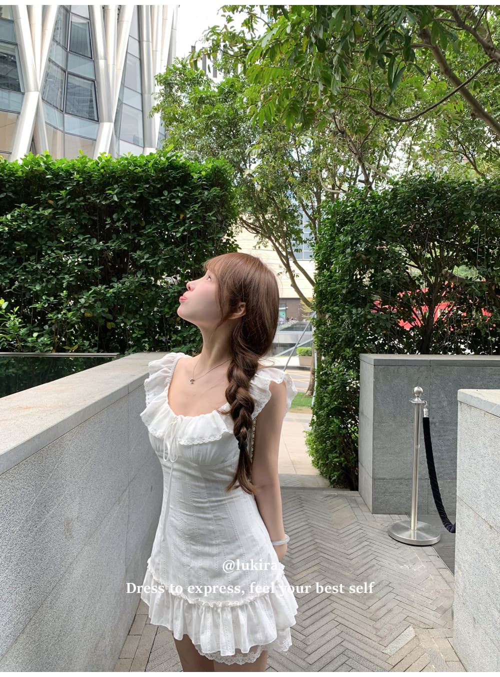 lukira 아름다운 샤오 바이 흰색 꽃 프릴 작은 날다 소매 여성 드레스 봄 여름 허리 수축 한 마디 미니 스커트 상세 이미지 10
