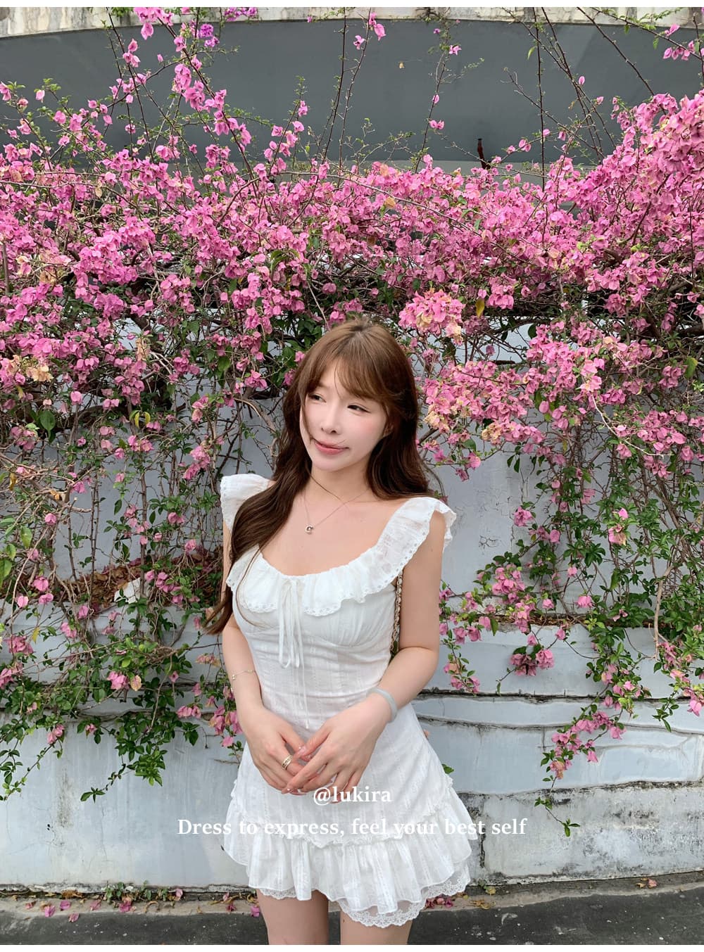 lukira 아름다운 샤오 바이 흰색 꽃 프릴 작은 날다 소매 여성 드레스 봄 여름 허리 수축 한 마디 미니 스커트 상세 이미지 13