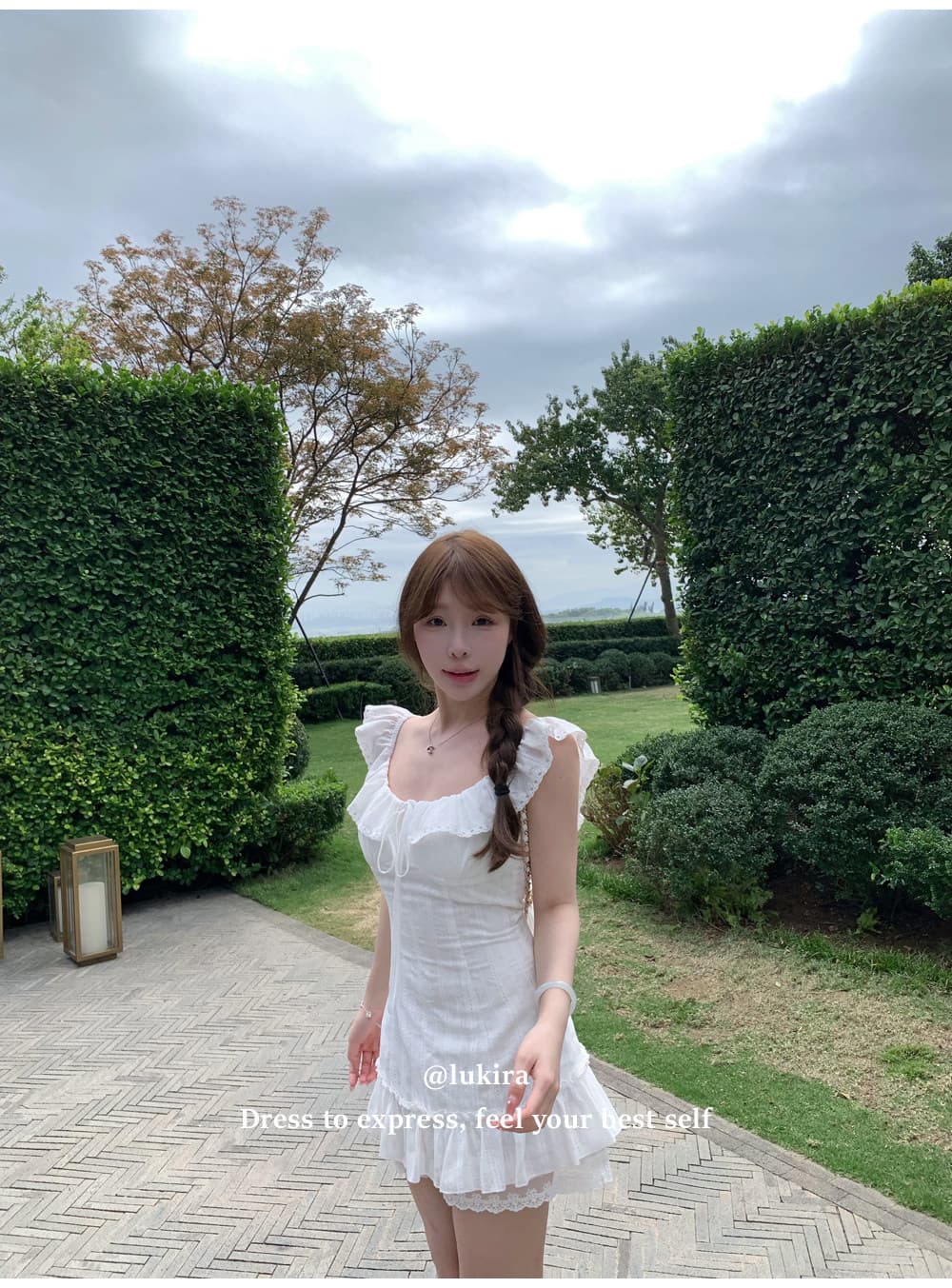 lukira 아름다운 샤오 바이 흰색 꽃 프릴 작은 날다 소매 여성 드레스 봄 여름 허리 수축 한 마디 미니 스커트 상세 이미지 17