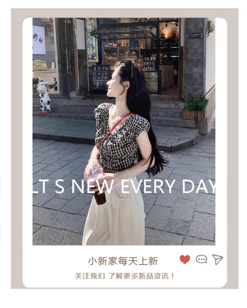 레트로 흑인과 백인 체크무늬 민소매 여성 셔츠 여름 새로운 디자인 센스 작은 대중 V넥 몸매 가꾸기 슬림해 보이는 쇼트 스타일 맨위 상세 이미지 2