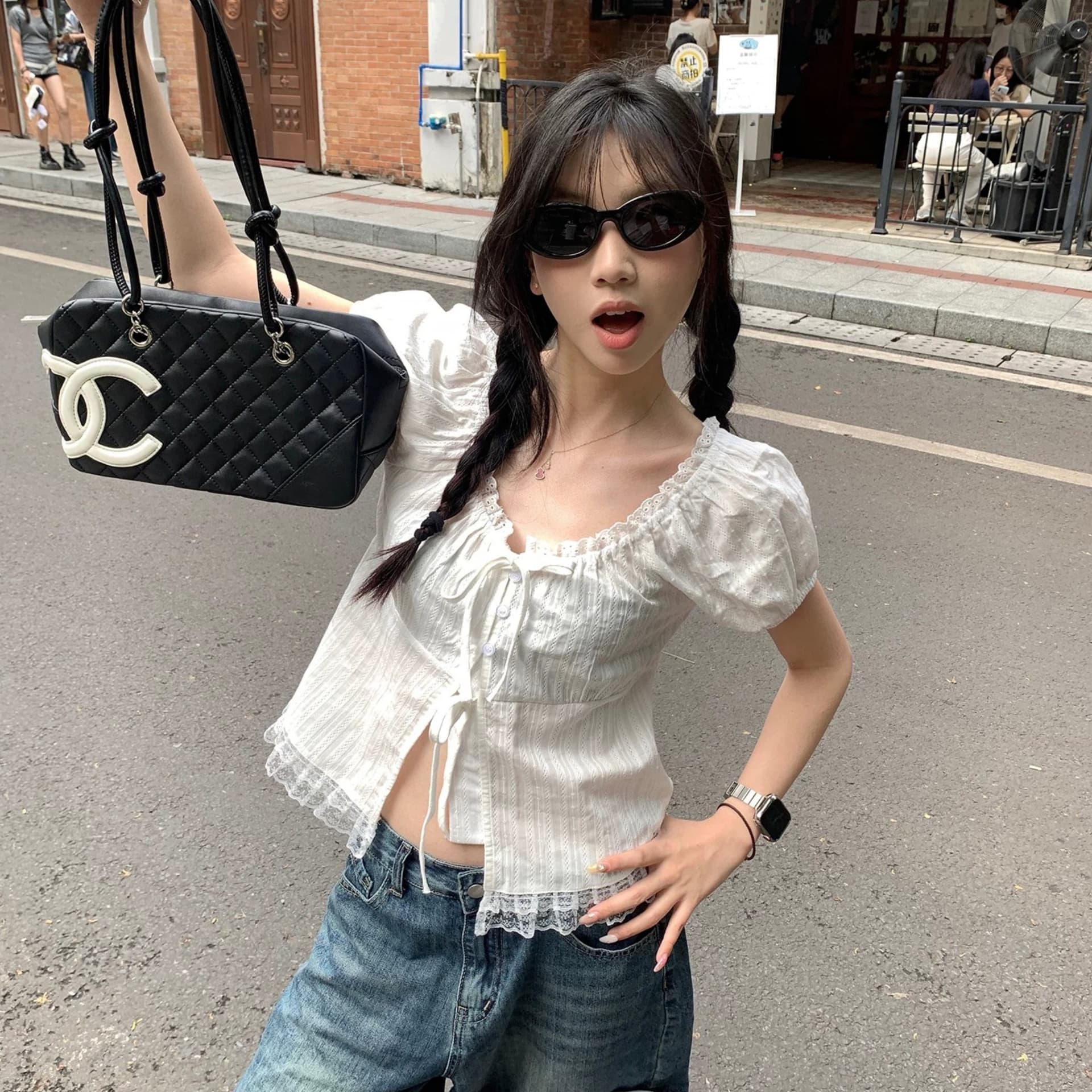 페페 홈 달콤한 스타일 레이스 측면 스트랩 반팔 여성 셔츠 여름 새로운 외국 가스 작은 셔츠 슬림해 보이는 Chic 맨위 이미지 2