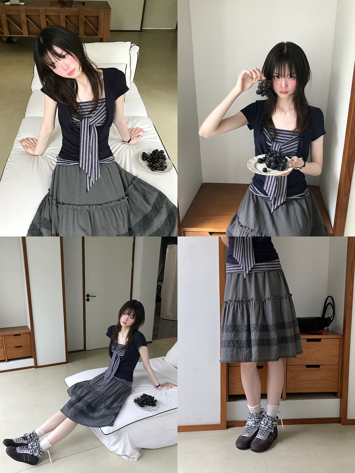 다우 시시 일광 틈 블루 레트로 학원 스타일 가슴 나비 레이스업 맨위 여름 허리 측면 펌프 Pleat 티셔츠 이미지 4