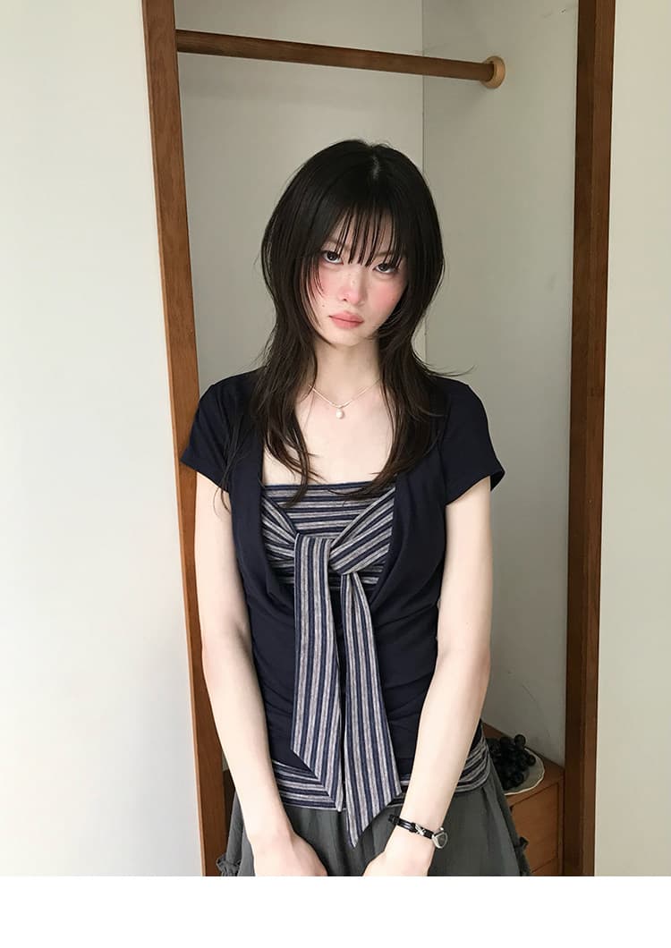 다우 시시 일광 틈 블루 레트로 학원 스타일 가슴 나비 레이스업 맨위 여름 허리 측면 펌프 Pleat 티셔츠 상세 이미지 12