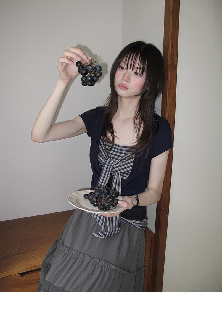 다우 시시 일광 틈 블루 레트로 학원 스타일 가슴 나비 레이스업 맨위 여름 허리 측면 펌프 Pleat 티셔츠 상세 이미지 22