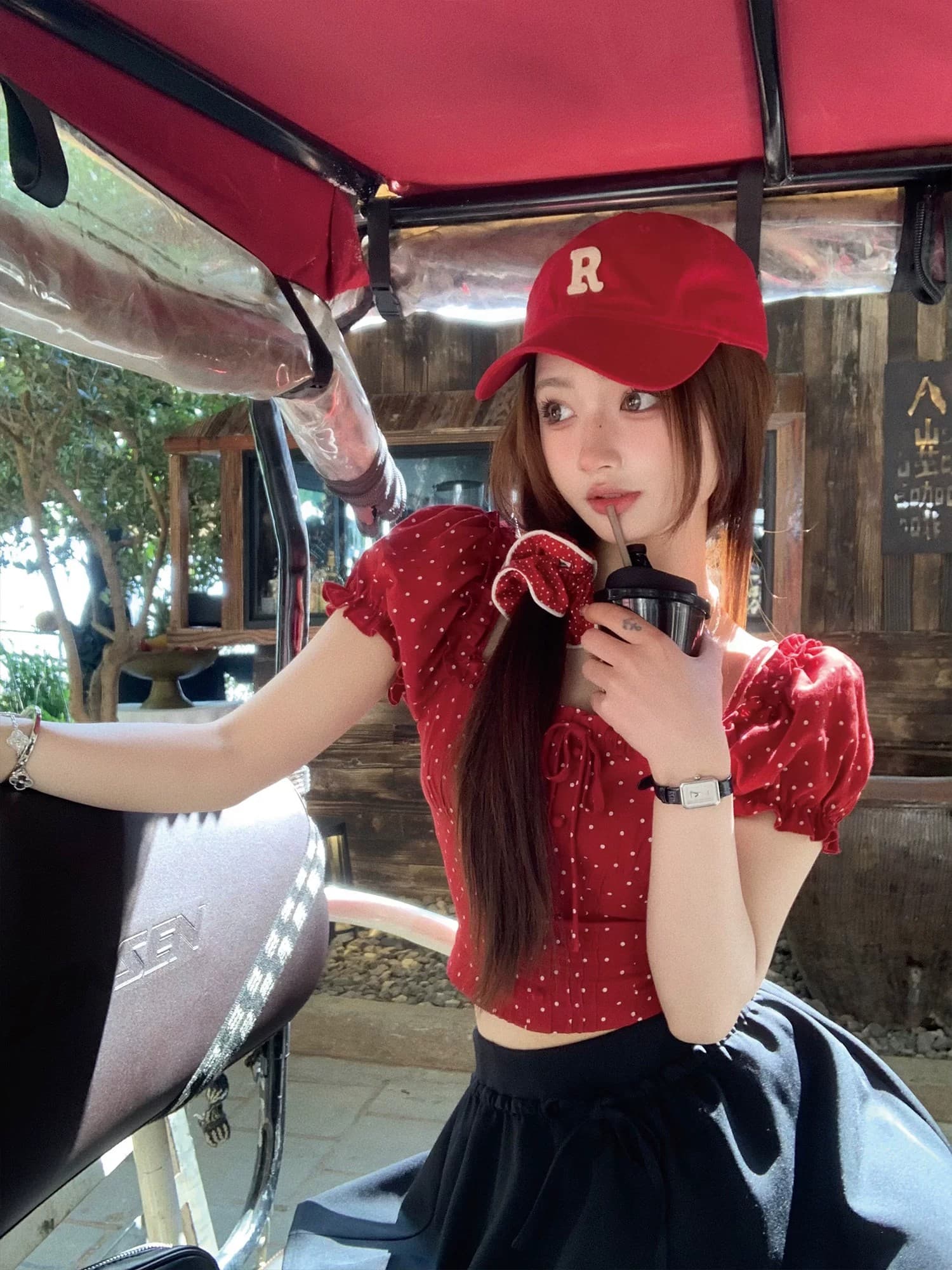 q 여자 집 사랑 크랜베리 레트로 달콤함 빨간색 도트 무늬 맨위 여름 여행 착용 가져 가라. 오프숄더 오프숄더 반팔 상세 이미지 25