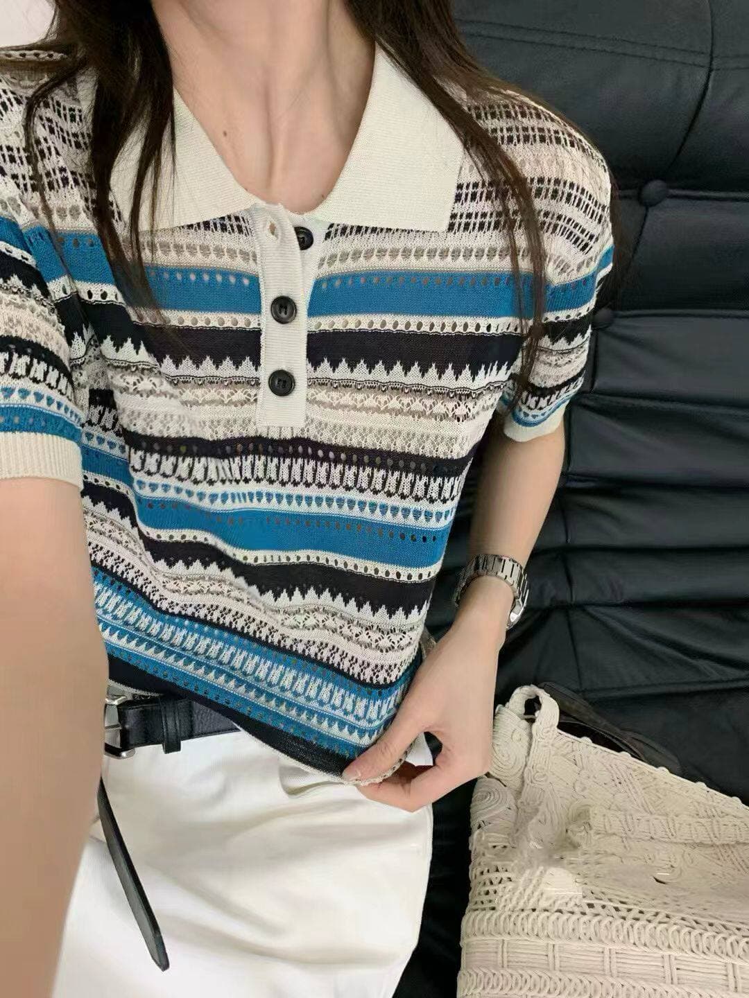 고급 센스 레트로 스트라이프 반 개방 버클 POLO 칼라 니트 스웨터 여성용 짧은 소매 슬림해 보이는 출퇴근 다용도 품격 맨위 여름 이미지 4