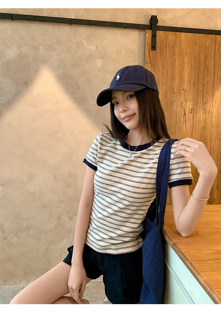 송 긍정적 인 En 블루 스트라이프 V넥 긍정적 인 어깨 반팔 티셔츠 여성 여름 새로운 몸매 가꾸기 슬림해 보이는 다용도 반소매 작은 맨위 상세 이미지 11