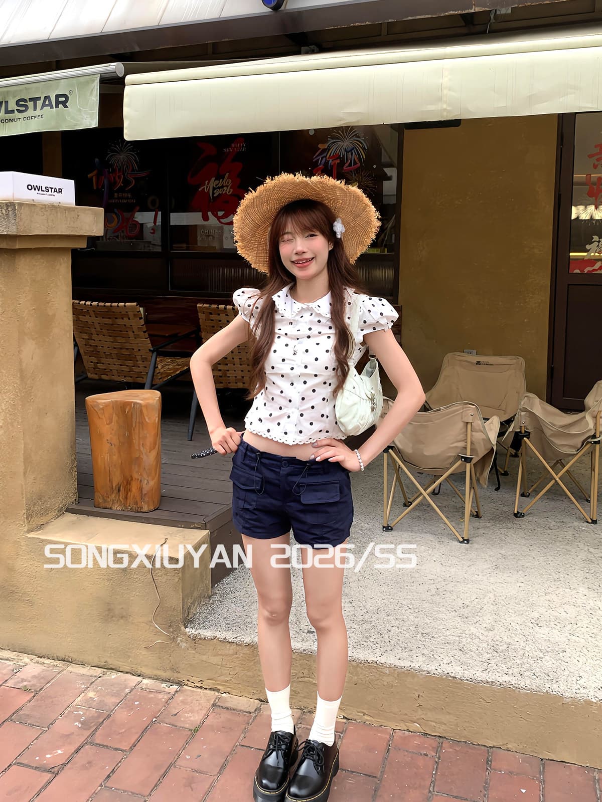 송 보여주기 妍 seniors 한 부서 소녀 센스 화이트 도트 무늬 반팔 셔츠 디자인 센스 베이비 칼라 허리 수축 셔츠 이미지 4