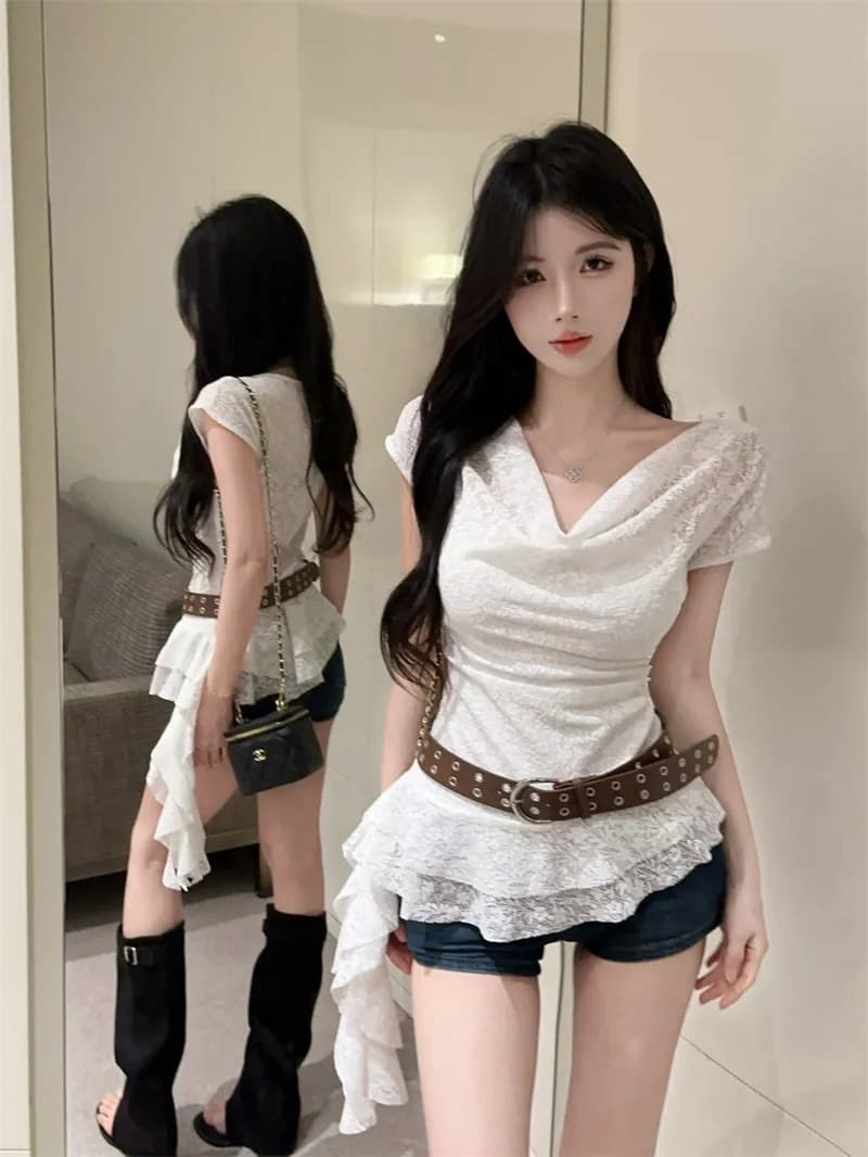 프랑스식 부드러운 바람 자이언트 잘 생긴 ~ 중 흔들다 칼라 허리 수축 슬림해 보이는 레이스 티셔츠 여름 상세 이미지 7