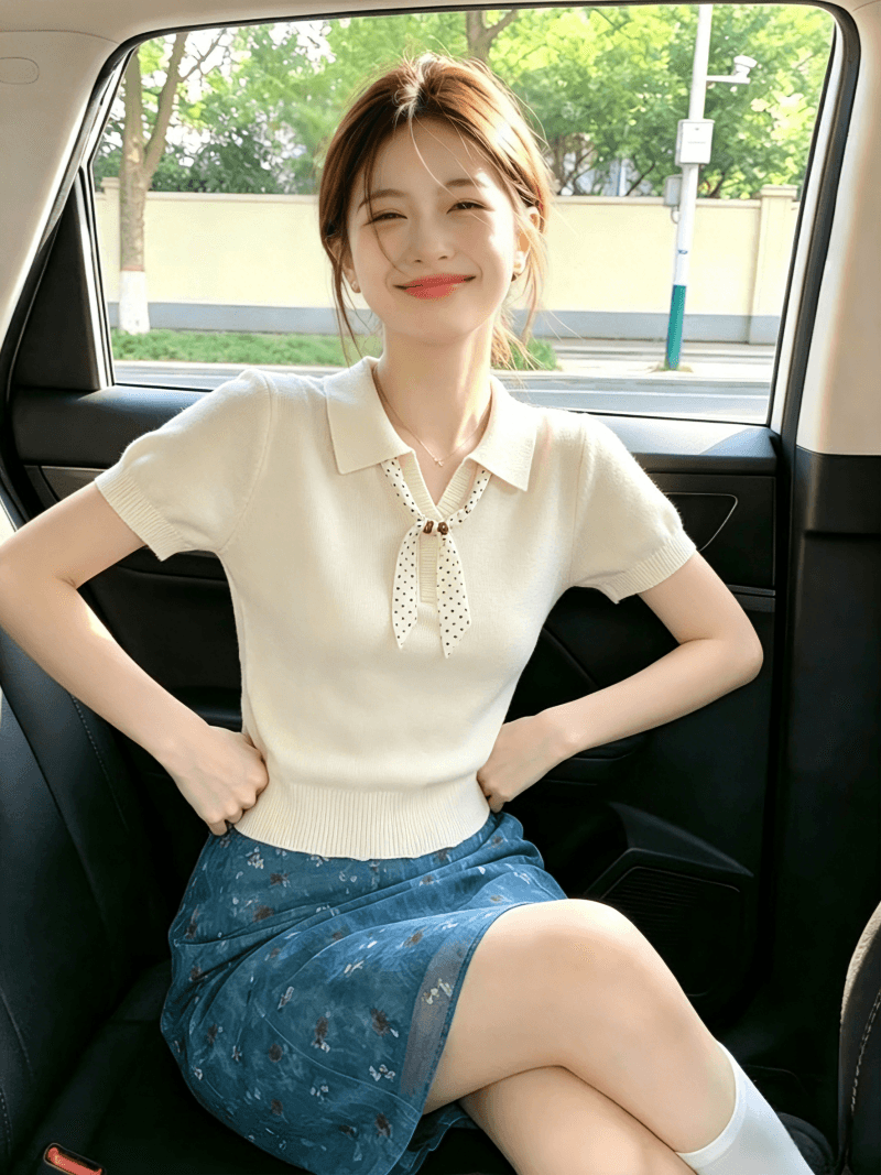 한 부서 비즈 스카프 POLO 칼라 니트 반팔 여성 여름 새로운 다용도 슬림해 보이는 맨위 이미지 3