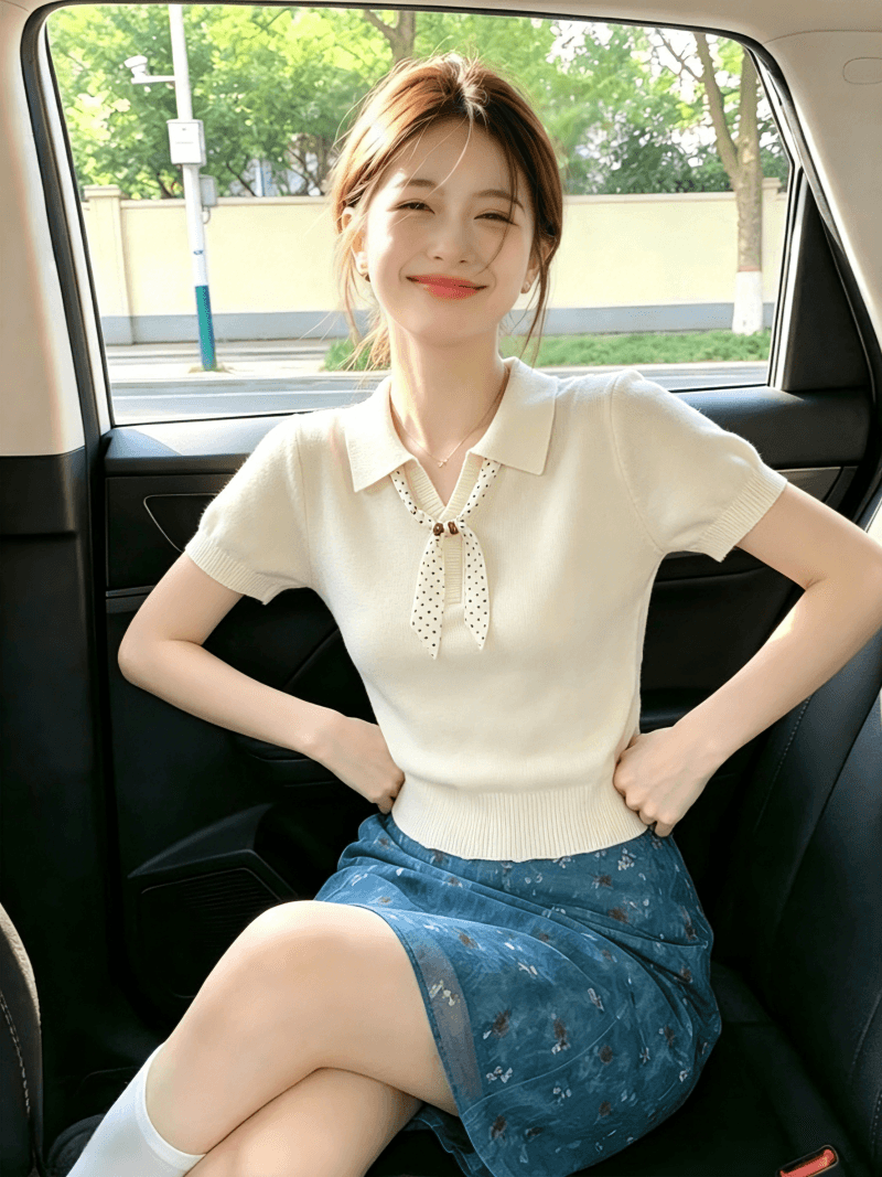 한 부서 비즈 스카프 POLO 칼라 니트 반팔 여성 여름 새로운 다용도 슬림해 보이는 맨위 상세 이미지 3
