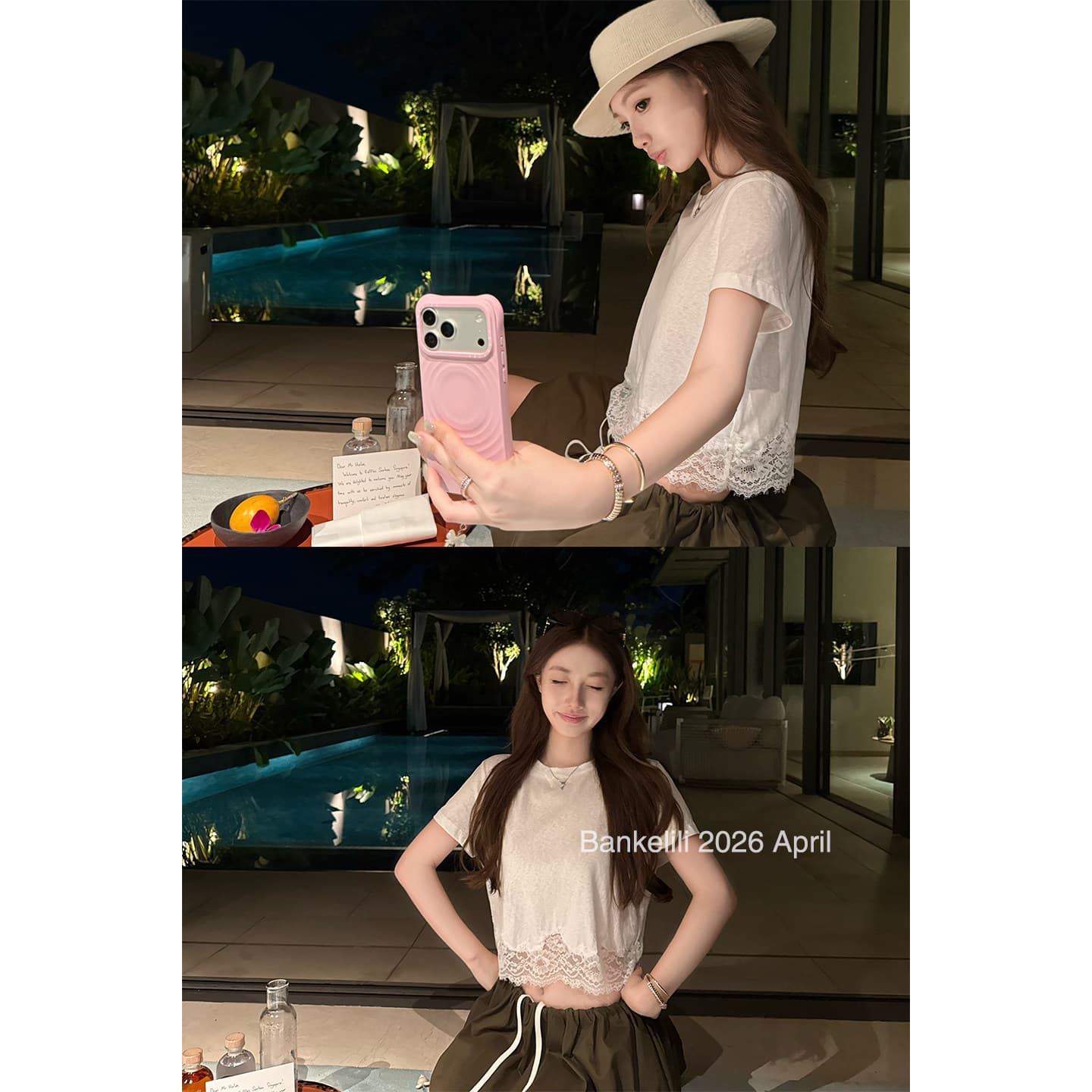 밤나무 코코아 bankelili 산소 miu 버전 천 골드 센스 레이스 레이스 티셔츠 슬림해 보이는 여성 이미지 3