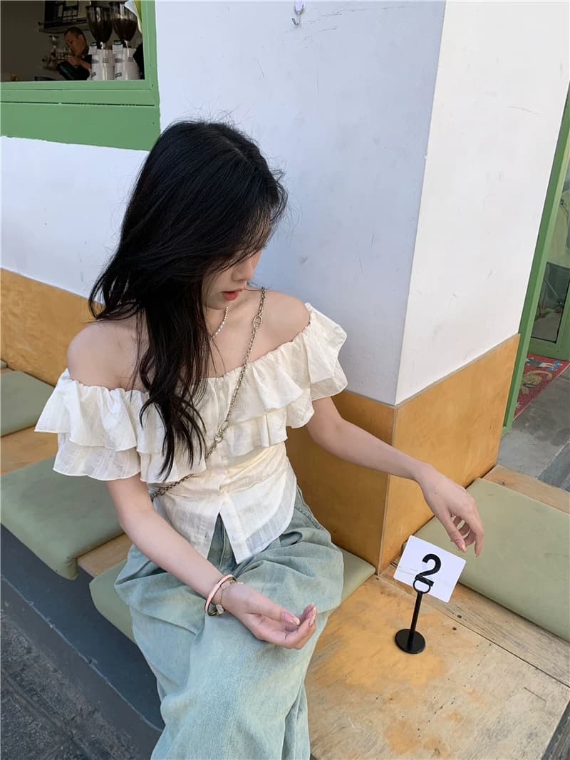 pphome 부드러운 품격 오프숄더 반팔 여성 셔츠 여름 프랑스식 프릴 슬림해 보이는 몸매 가꾸기 Chic 맨위 상세 이미지 3
