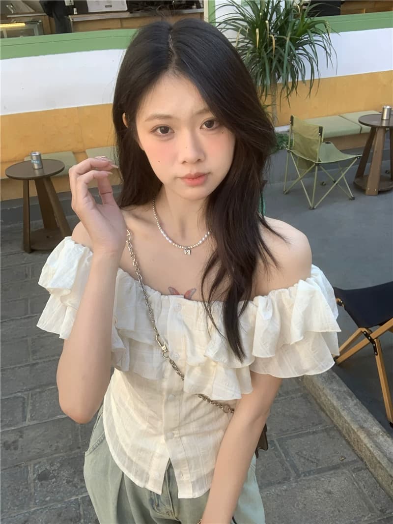 pphome 부드러운 품격 오프숄더 반팔 여성 셔츠 여름 프랑스식 프릴 슬림해 보이는 몸매 가꾸기 Chic 맨위 상세 이미지 13