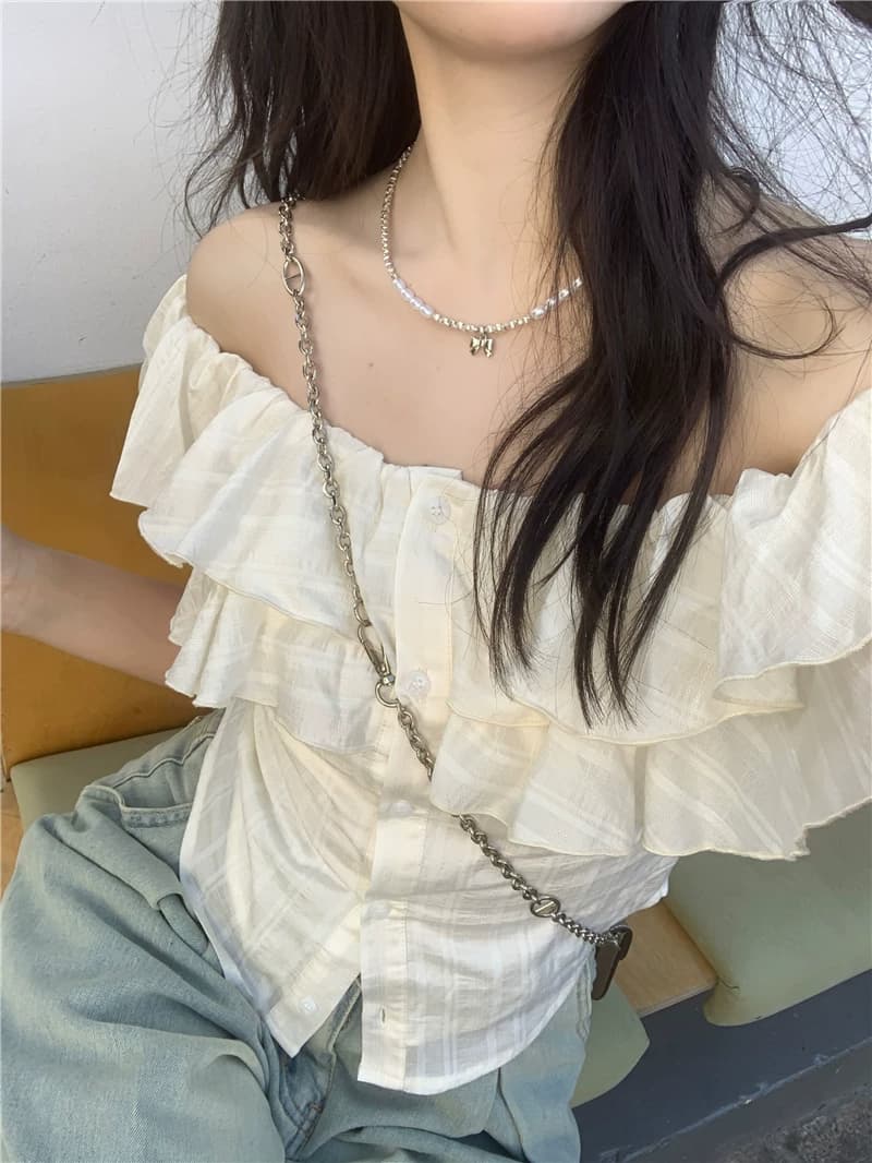 pphome 부드러운 품격 오프숄더 반팔 여성 셔츠 여름 프랑스식 프릴 슬림해 보이는 몸매 가꾸기 Chic 맨위 상세 이미지 15