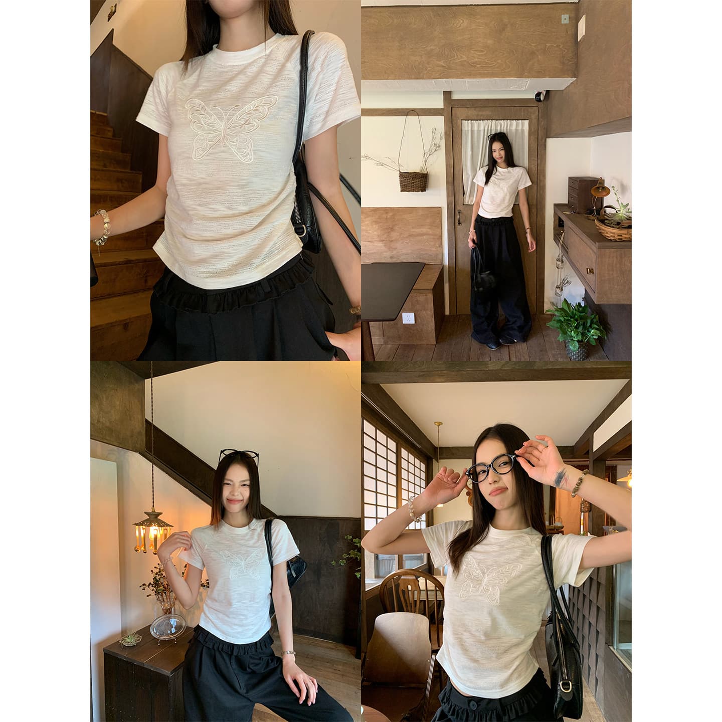 송 긍정적 인 En 화이트 라운드 넥 긍정적 인 어깨 반팔 티셔츠 여성 여름 새로운 마이크로 루즈핏 나비 매듭 디자인 캐주얼 맨위 이미지 4