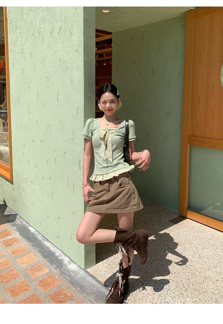 송 긍정적 인 En 녹색 페이크 레이어드 반팔 티셔츠 여성 여름 한 부서 문예 신선함 나비 매듭 디자인 센스 작은 맨위 상세 이미지 20