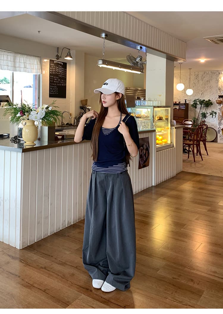 송 긍정적 인 En 해군 싸움 스트라이프 루즈핏 V넥 블라우스 u 칼라 몸매 가꾸기 슬립 사실 두 조각 상세 이미지 5