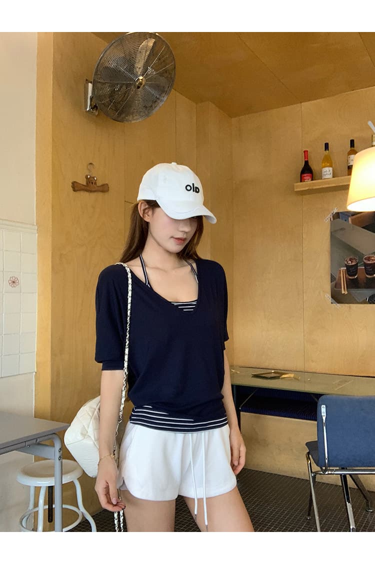 송 긍정적 인 En 해군 싸움 스트라이프 루즈핏 V넥 블라우스 u 칼라 몸매 가꾸기 슬립 사실 두 조각 상세 이미지 6