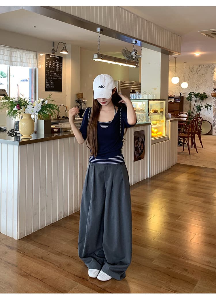 송 긍정적 인 En 해군 싸움 스트라이프 루즈핏 V넥 블라우스 u 칼라 몸매 가꾸기 슬립 사실 두 조각 상세 이미지 9