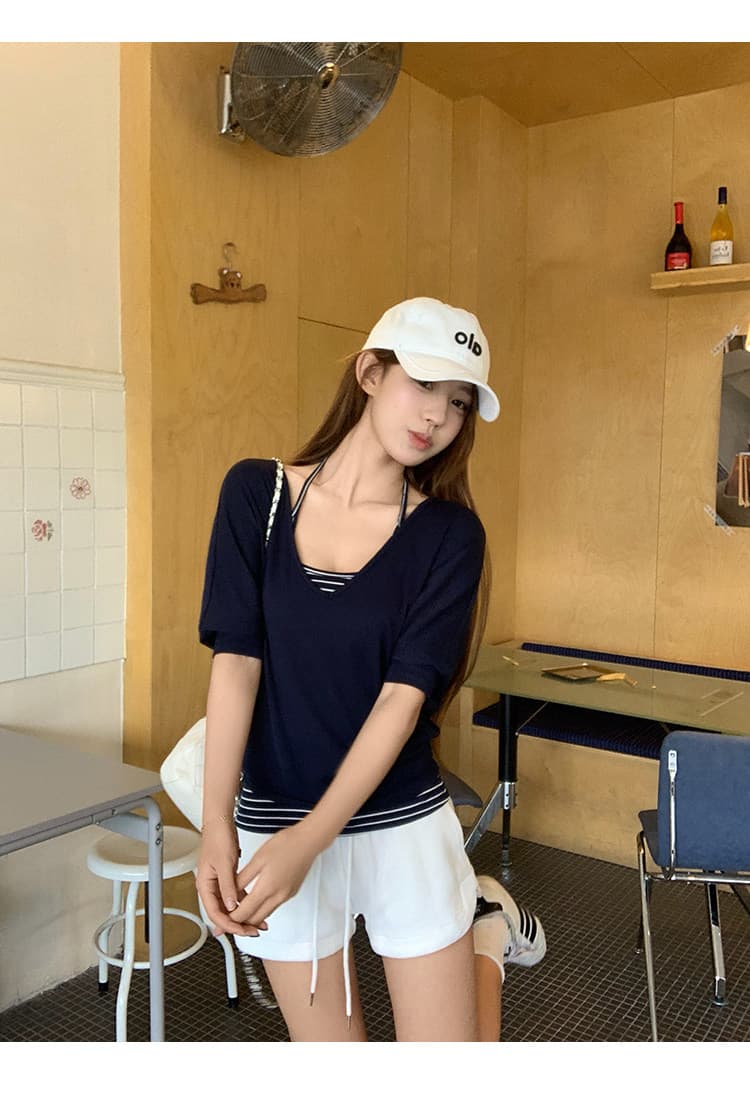송 긍정적 인 En 해군 싸움 스트라이프 루즈핏 V넥 블라우스 u 칼라 몸매 가꾸기 슬립 사실 두 조각 상세 이미지 12