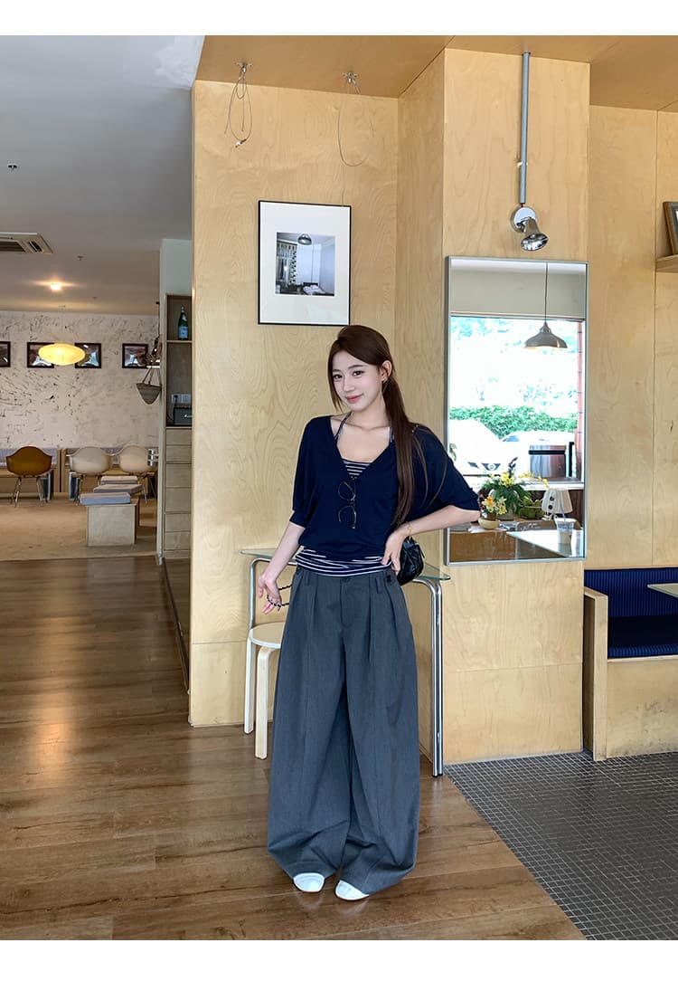송 긍정적 인 En 해군 싸움 스트라이프 루즈핏 V넥 블라우스 u 칼라 몸매 가꾸기 슬립 사실 두 조각 상세 이미지 15