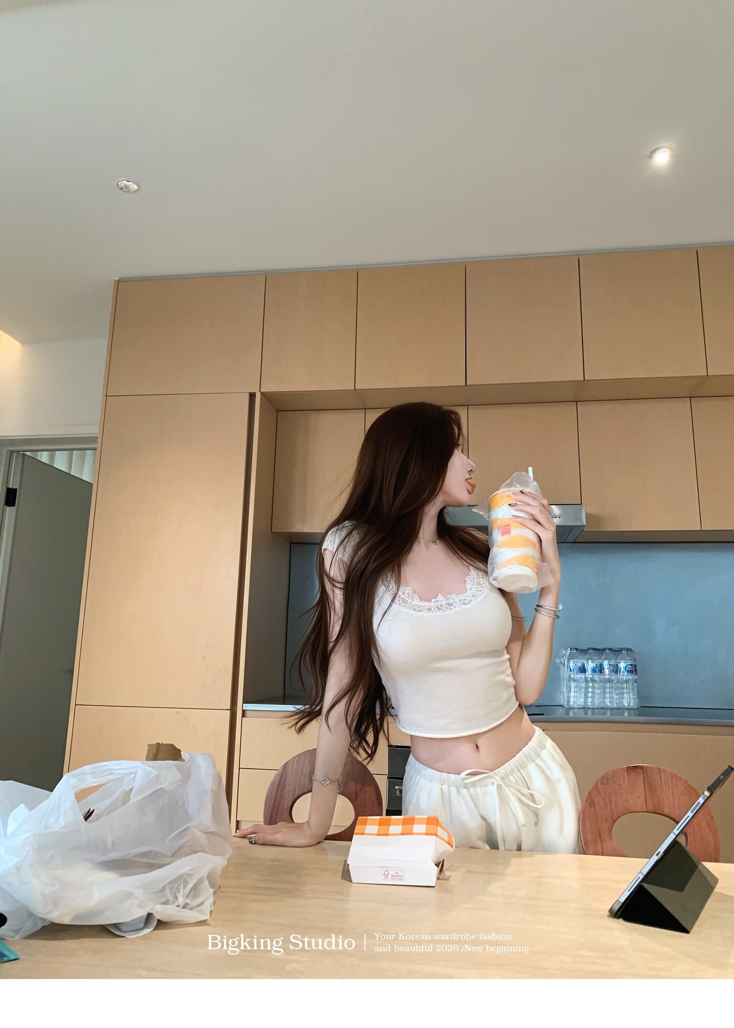 bigking 다이 킨 홈 얕은 욕망 마이크로 대 u 칼라 레이스 측면 반팔 티셔츠 여성 몸매 가꾸기 순수한 욕망 맨위 상세 이미지 12