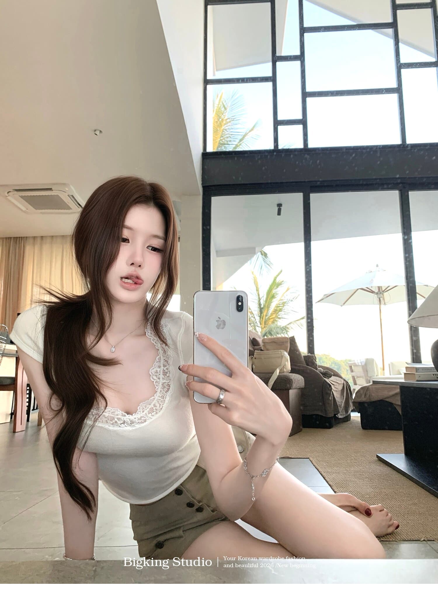 bigking 다이 킨 홈 얕은 욕망 마이크로 대 u 칼라 레이스 측면 반팔 티셔츠 여성 몸매 가꾸기 순수한 욕망 맨위 상세 이미지 20